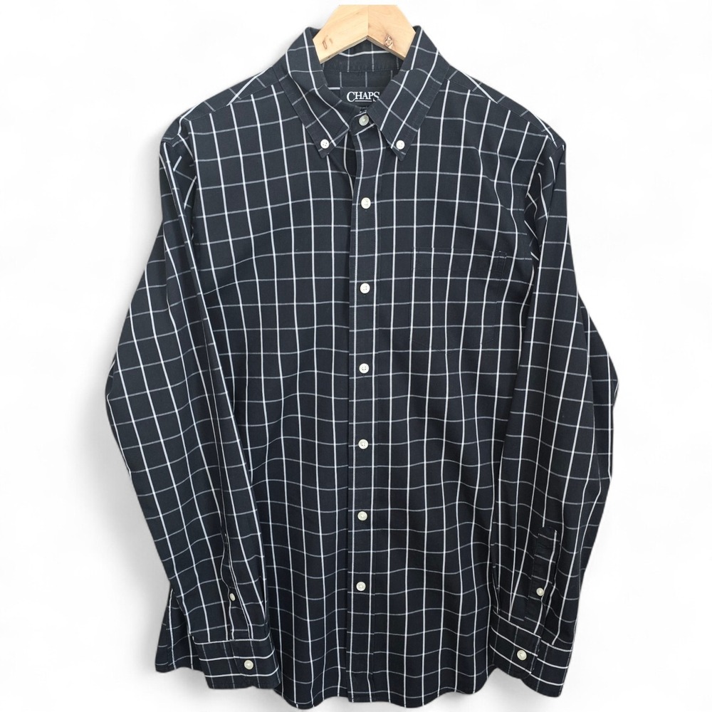 Chaps Shirt Mens Medium Black Button Down Checkered Stretch Easy Care Casual - Picture 1 of 8